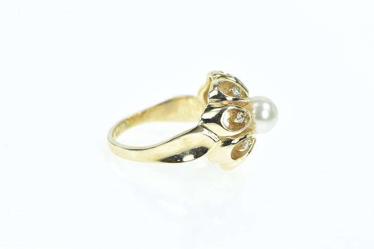 14K Yellow Gold 6.6mm Pearl Diamond Domed Flower Ring