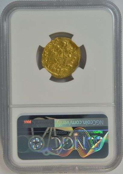 Great Byzantine Gold Solidus of Emperor Phocas, 602-610 AD. NGC Choice XF