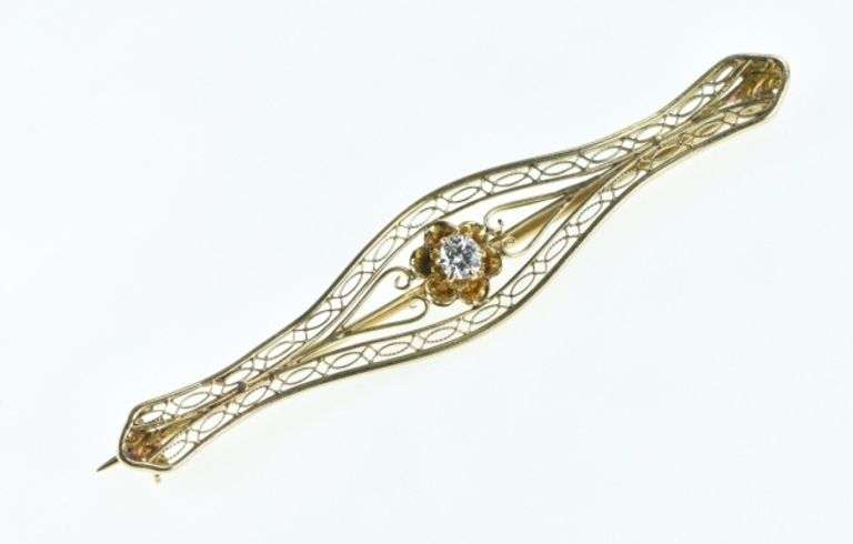 10K Yellow Gold Diamond Filigree Vintage Statement Pin/Brooch