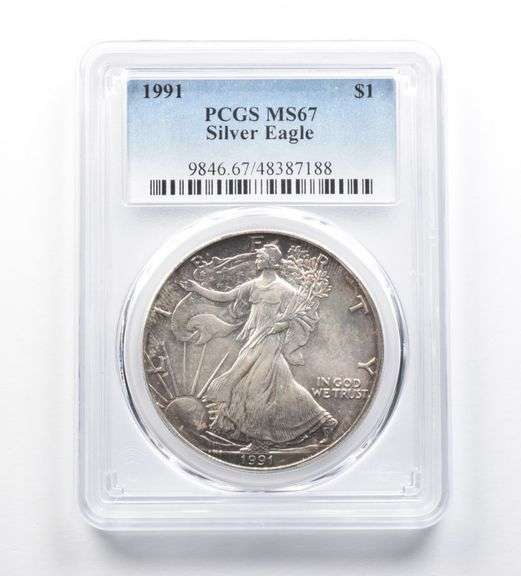 MS67 1991 American Silver Eagle PCGS Red/Blue Peripheral Toning