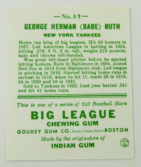 Babe Ruth 1933 Goudey Reprint Baseball Card