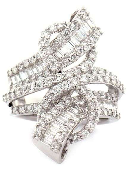 4.50ctw Round and Baguette Diamond Frame Swirl Bypass Cocktail Ring in 18K