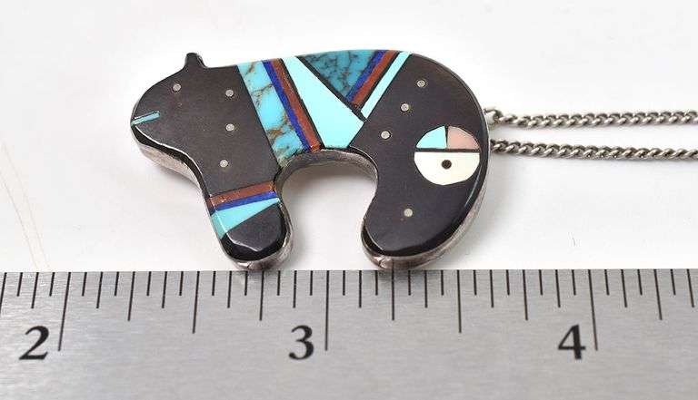 Multi-Gemstone Inlay Bear Pendant Necklace in Sterling Silver