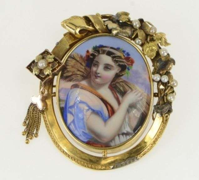 14K Yellow Gold Victorian Painted Lady of the Harvest Pin/Brooch