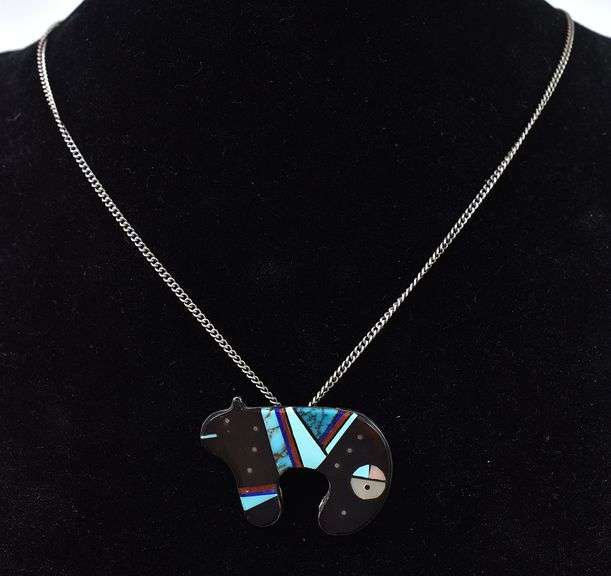 Multi-Gemstone Inlay Bear Pendant Necklace in Sterling Silver