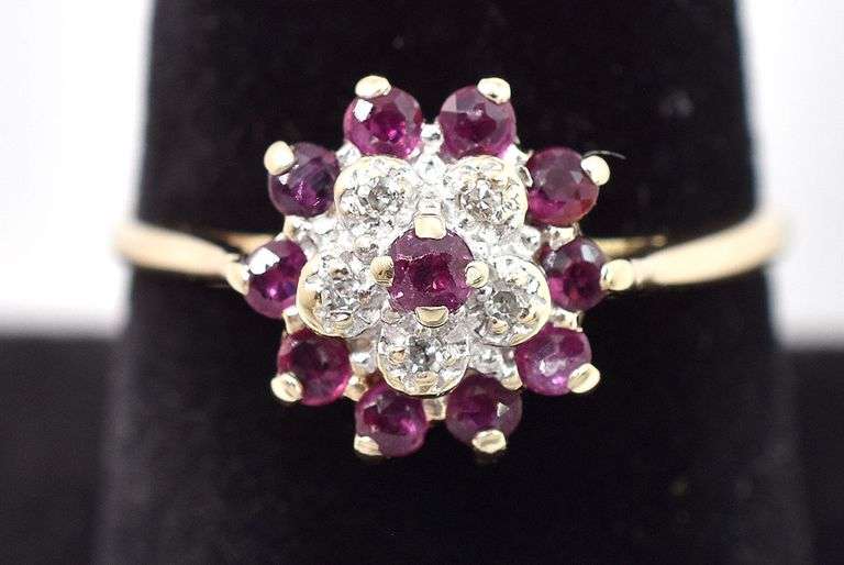 Darling 10K Yellow Gold Flower Ring with Ruby and Diamond Gemstones