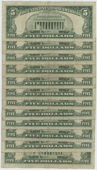 Lot of 12 Series of 1963 $5 Red Seal Notes in circ