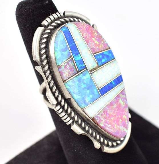 Large Multi Gemstone Inlay Ring, Sterling