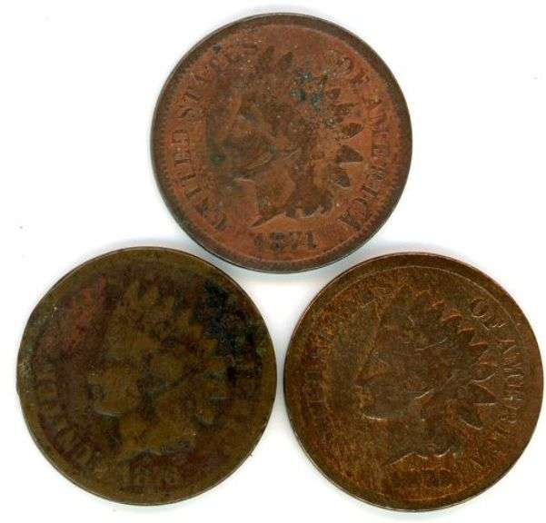 3 Different Indian Head Cents: 1874, 1876, & 1879