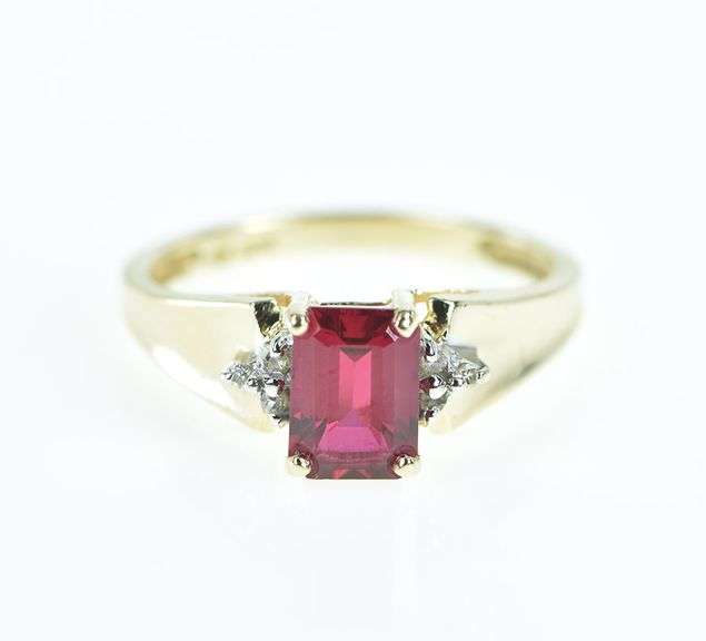 10K Yellow Gold Emerald Cut Syn. Ruby Diamond Accent Ring