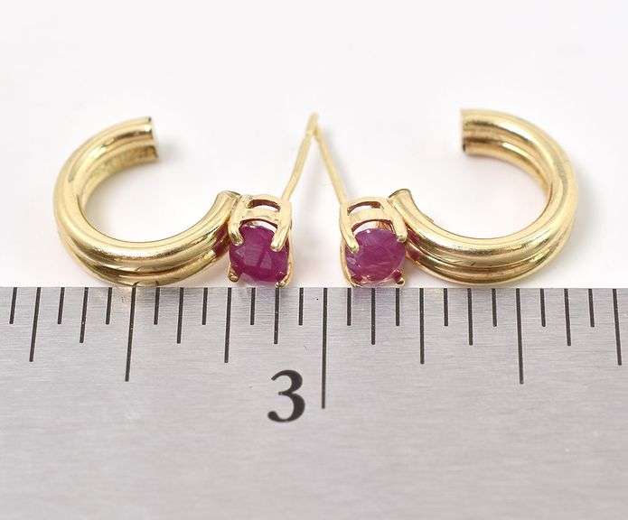 Superb 14K Yellow Gold Ruby Gemstone J-Hoop Earrings