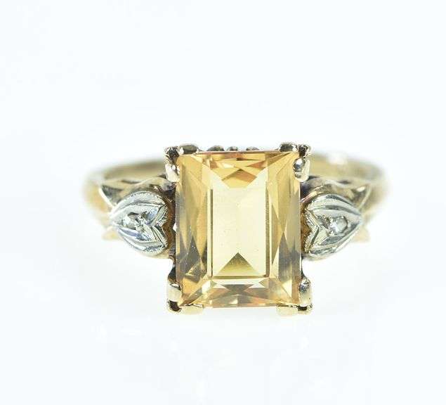 10K Yellow Gold 1950's Emerald Cut Syn. Citrine Diamond Ring