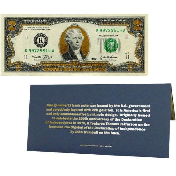 Special Edition 22k Gold Layered Uncirculated Two Dollar Bill