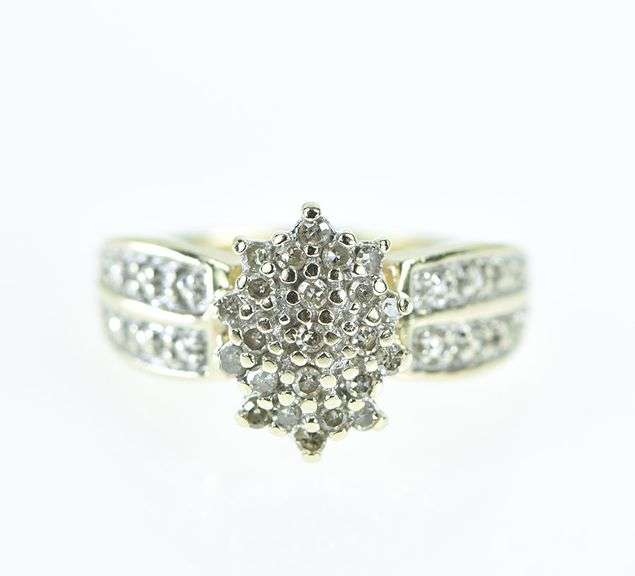 10K Yellow Gold Diamond Cluster Vintage Statement Ring