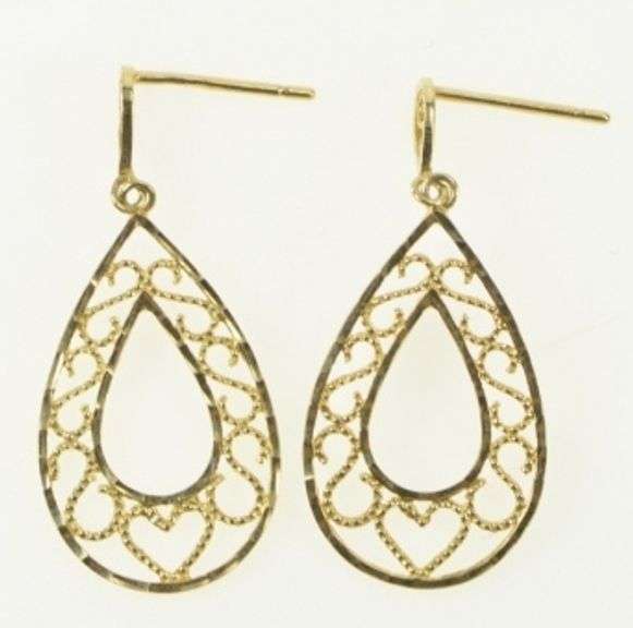 14K Yellow Gold Tear Drop Filigree Dangle Statement Earrings