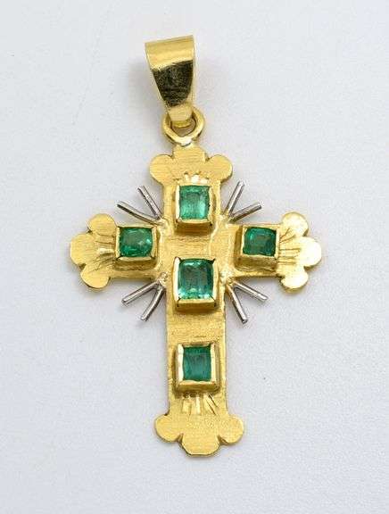 Beautiful 18K YG Cross with Emeralds