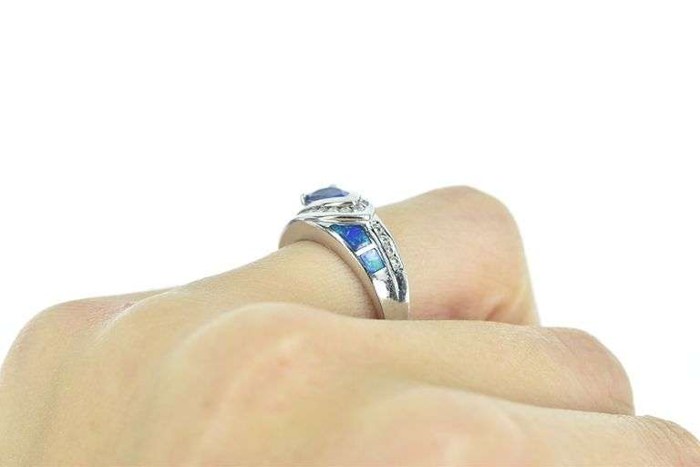14K White Gold Pear Tanzanite Diamond Opal Vintage Ring