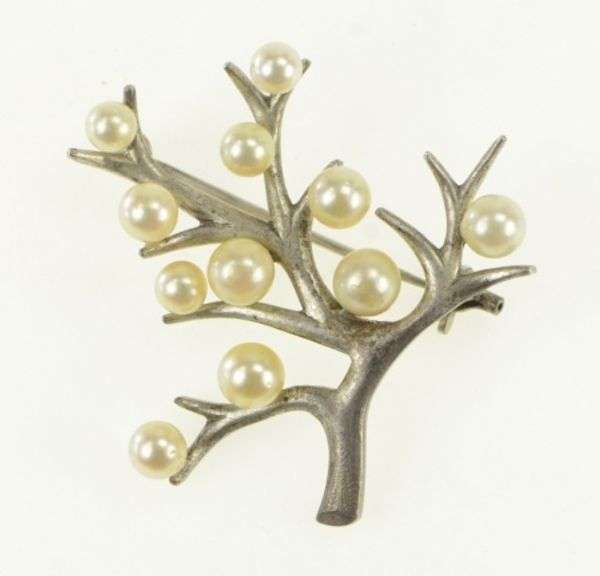 Sterling Silver Vintage Pearl Family Tree Symbol Pin/Brooch