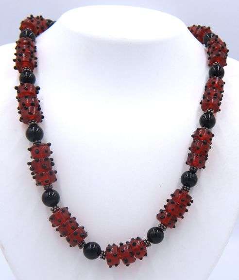 Black onyx and glass necklace with matching dangle earrings