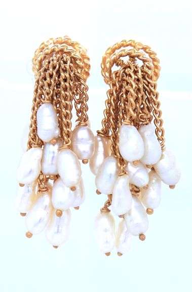 14kt Yellow gold Fresh water pearl Tassel dangle earrings