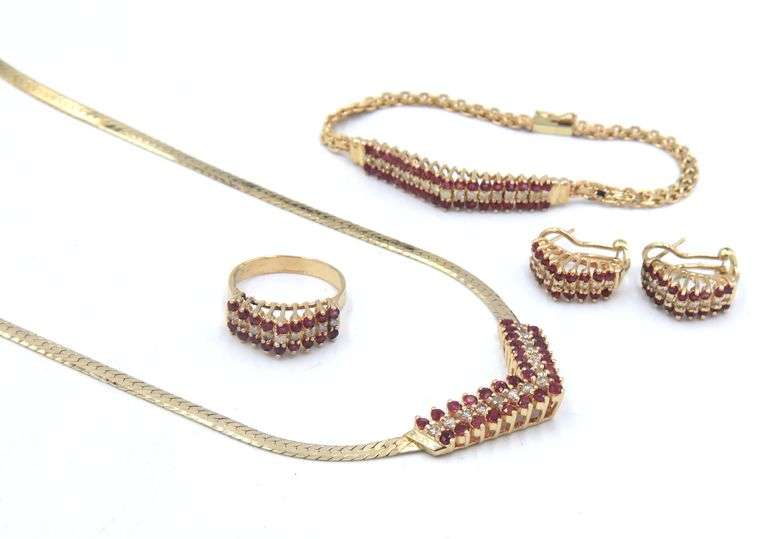 Set of 14kt Yellow gold diamond and ruby necklace, bracelet, ring and matching earrings