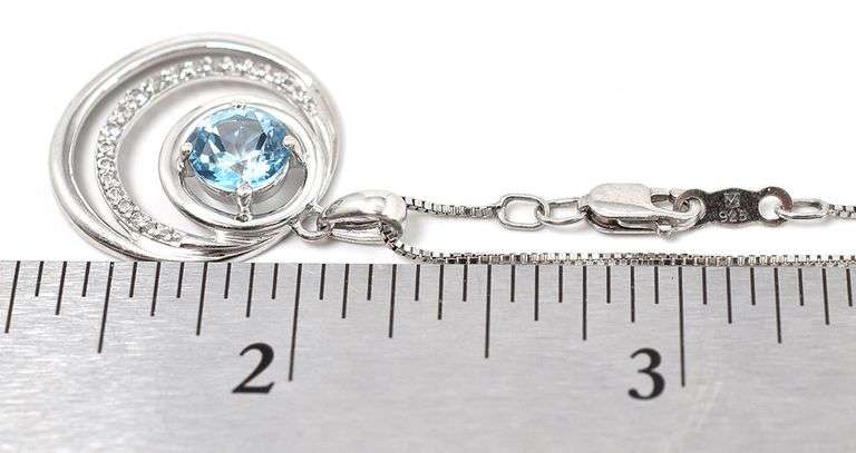 Blue Topaz and CZ Gemstone Pendant Necklace in Sterling Silver