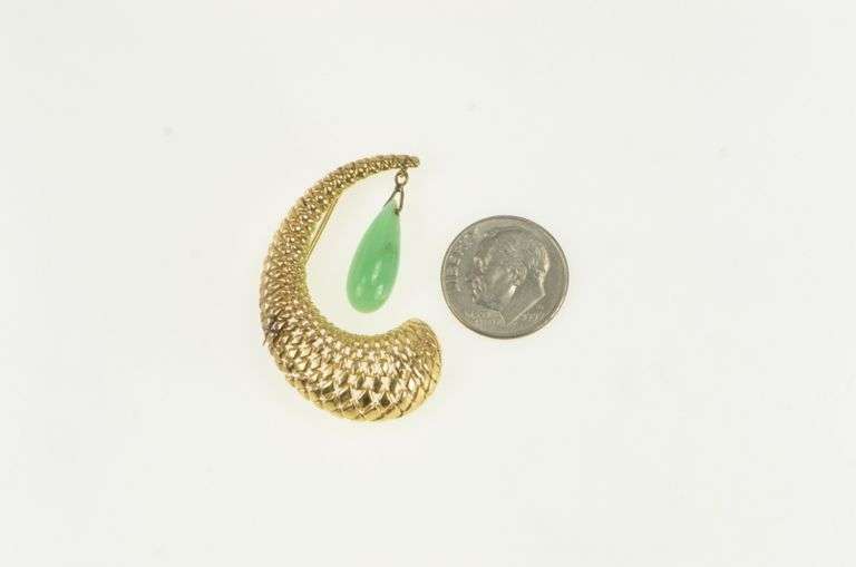 14K Yellow Gold Jadeite Drop Dangle Woven Domed Swirl Pin/Brooch