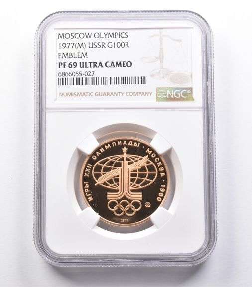 PF69 UCAM 1977 (M) USSR 100 Rubles Gold Moscow Olympics Emblem NGC