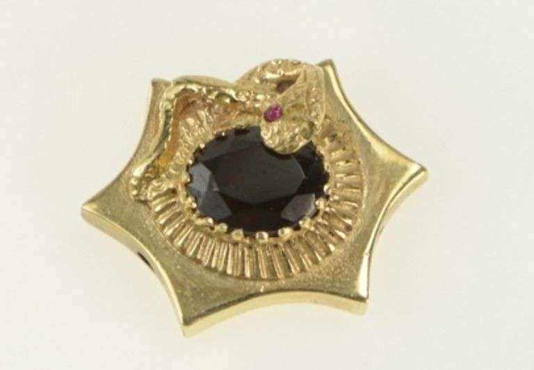 14K Yellow Gold Victorian Oval Garnet Slide Bracelet Charm/Pendant