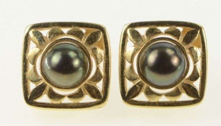 14K Yellow Gold 5.5mm Dark Green Pearl Square Stud Earrings