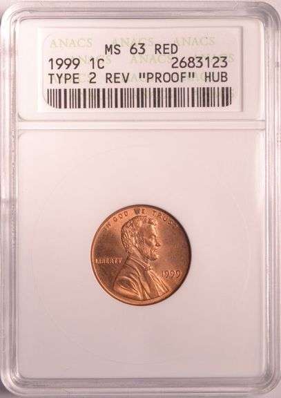 1999 Lincoln Cent Wide AM Type 2 Reverse "Proof" Hub ANACS MS63 Red