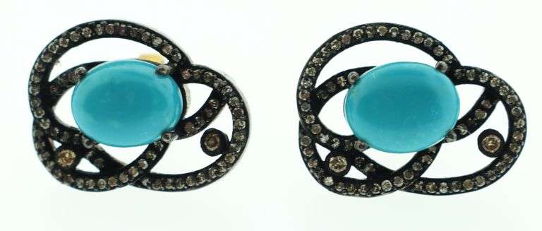 Natural Diamond Encrusted Silver Looped Earrings with Turquoise