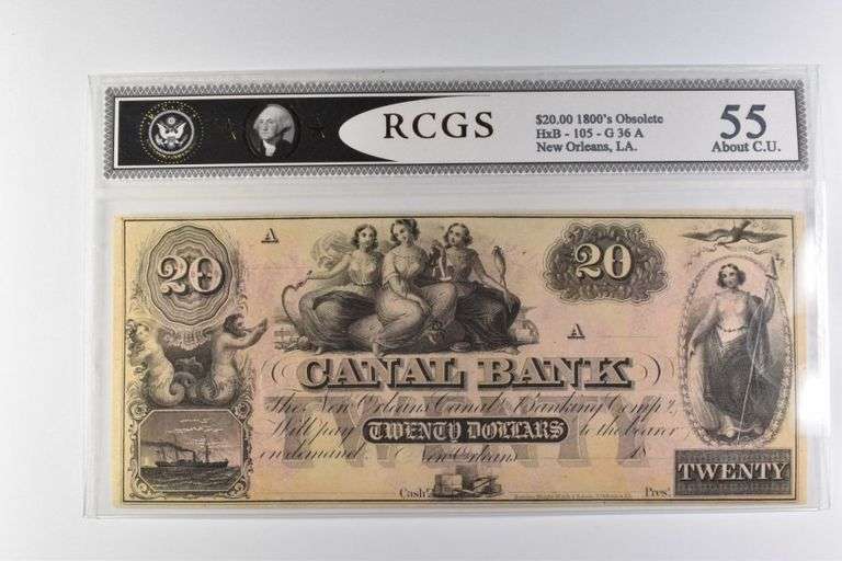RCGS About CU 55 $20 1800s New Orleans, LA Canal Bank Note