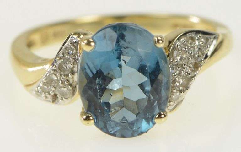 14K Yellow Gold Blue Topaz Pave Diamond Statement Ring