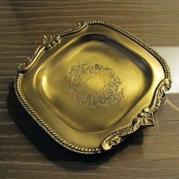 Vintage Brass Coin Tray with Engraved Seal