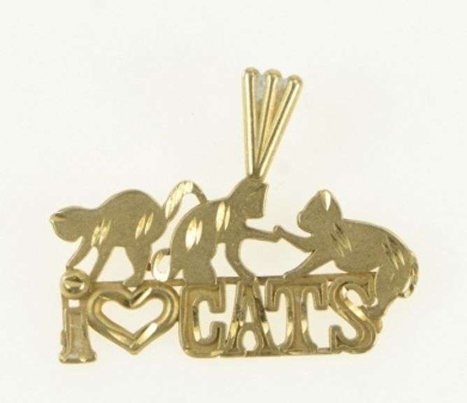 14K Yellow Gold I Love Cats Kitty Cats Kittens Playing Pendant