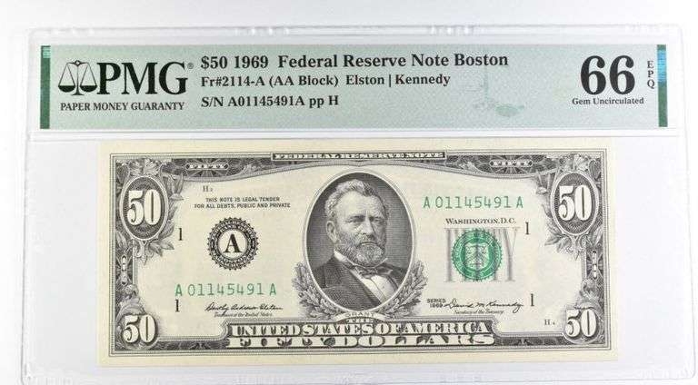 1969 $50 Boston MA US FRN Fr#2114-A 66 Gem Unc EPQ PMG