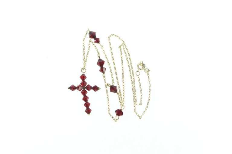 10K Yellow Gold Vintage Sim. Garnet Cross Christian Necklace