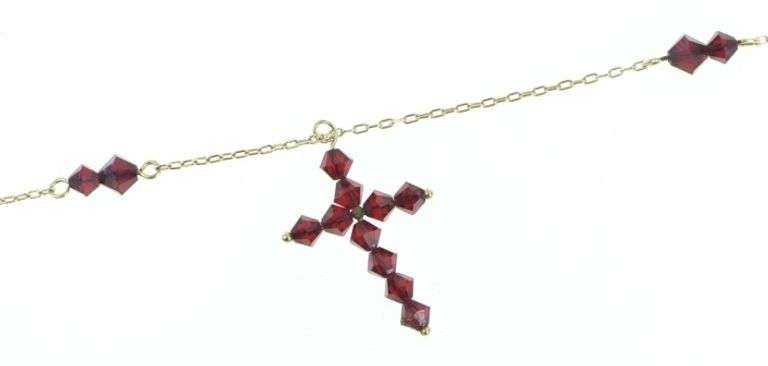 10K Yellow Gold Vintage Sim. Garnet Cross Christian Necklace