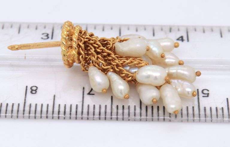 14kt Yellow gold Fresh water pearl Tassel dangle earrings