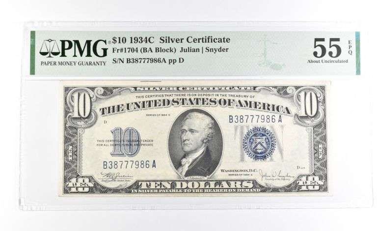 PMG 55 AU EPQ 1934 C $10 Silver Certificate Blue Seal Fr#1704