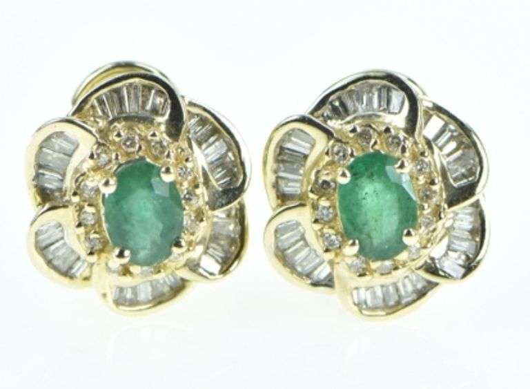14K Yellow Gold 2.75 Ctw Emerald Diamond French Clip Earrings