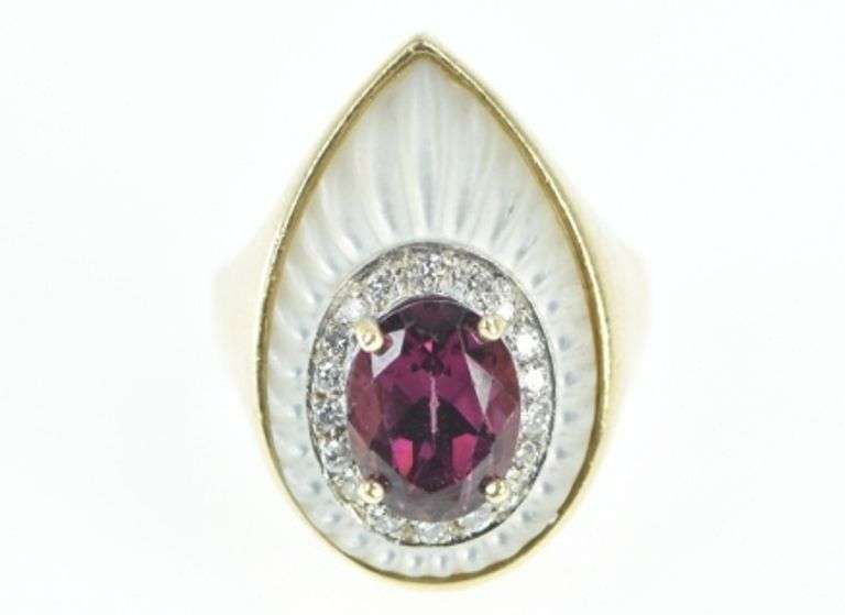 14K Yellow Gold Rubellite Mother of Pearl Diamond Planchette Ring