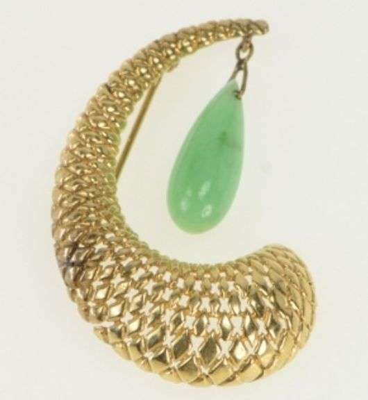 14K Yellow Gold Jadeite Drop Dangle Woven Domed Swirl Pin/Brooch