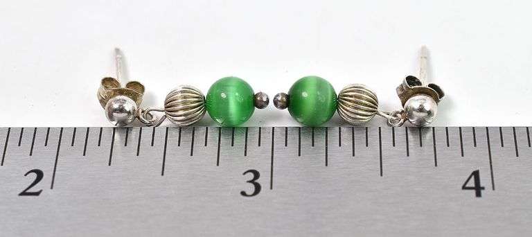 Green Cat's Eye Dangle Earrings in Sterling Silver