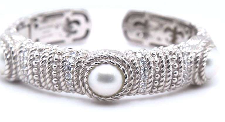 Judith Ripka sterling silver signed pearl cuff bracelet