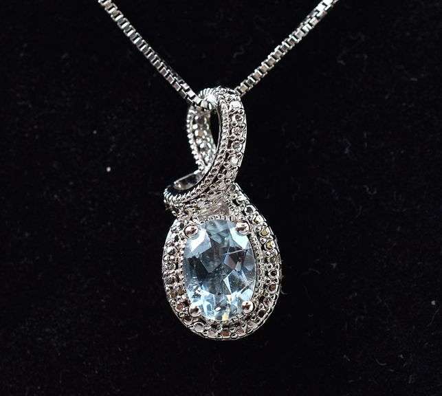Aquamarine and Diamond Pendant Necklace in Sterling Silver