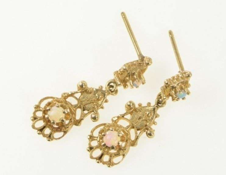 14K Yellow Gold Victorian Ornate Opal Diamond Dangle Earrings