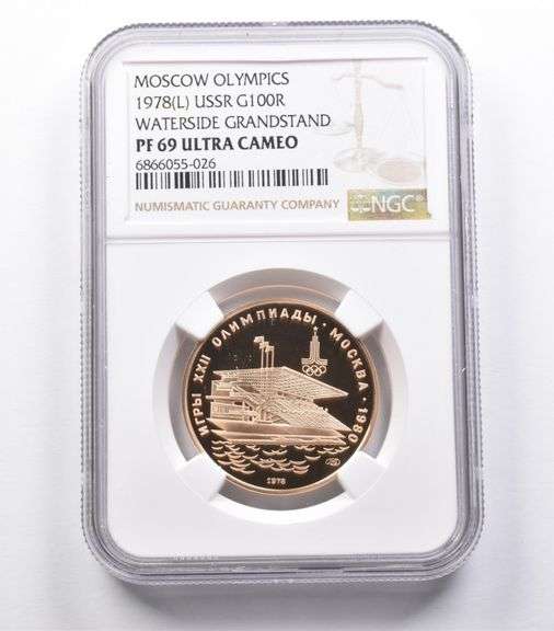 PF69UCAM 1978 (L) USSR 100 Rubles Gold Moscow Olympic Grandstand NGC