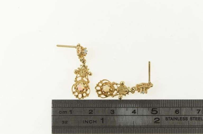 14K Yellow Gold Victorian Ornate Opal Diamond Dangle Earrings